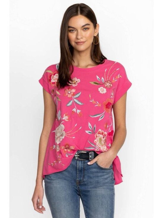 Johnny Was Tops - Johnny Was Joya Embroidered Draped Tee in Pink Fuchsia